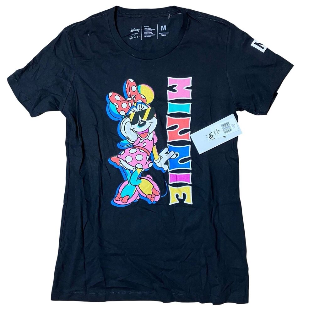 Disney Minnie Mouse T-Shirt Womens M Black Cotton NEFF Colorful Rainbow